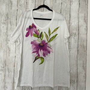 Joules White Tee with Purple and Green Floral Print